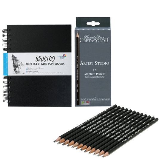 Brustro Wiro Bound Sketch Book (A5,120 Pages,160 GSM,Medium Surface) With Cretacolor Artists Studio Line Graphite Pencil Set of 12 (Black)|Ideal for Drawing,Shading,Fine Arts Students,Professionals