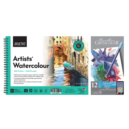 Brustro Artists 25% Cotton Wiro Bound Watercolour Pad (300 GSM,A5,Cold Pressed,12 Sheets) With Cretacolor Marino Aquarelle Watercolor Pencil (Set of 12)|Ideal for Drawing,Painting,Dry and Wet
