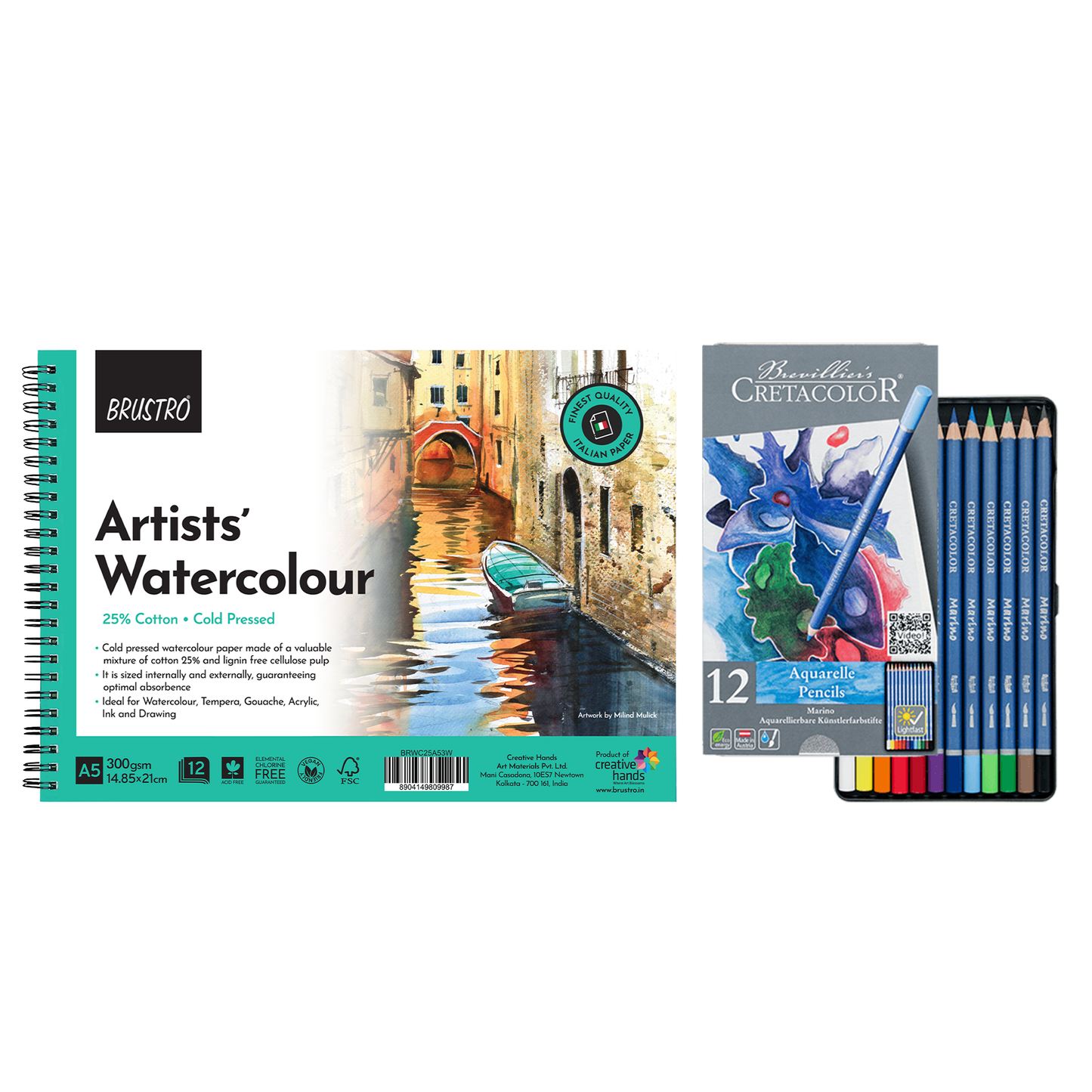 Brustro Artists 25% Cotton Wiro Bound Watercolour Pad (300 GSM,A5,Cold Pressed,12 Sheets) With Cretacolor Marino Aquarelle Watercolor Pencil (Set of 12)