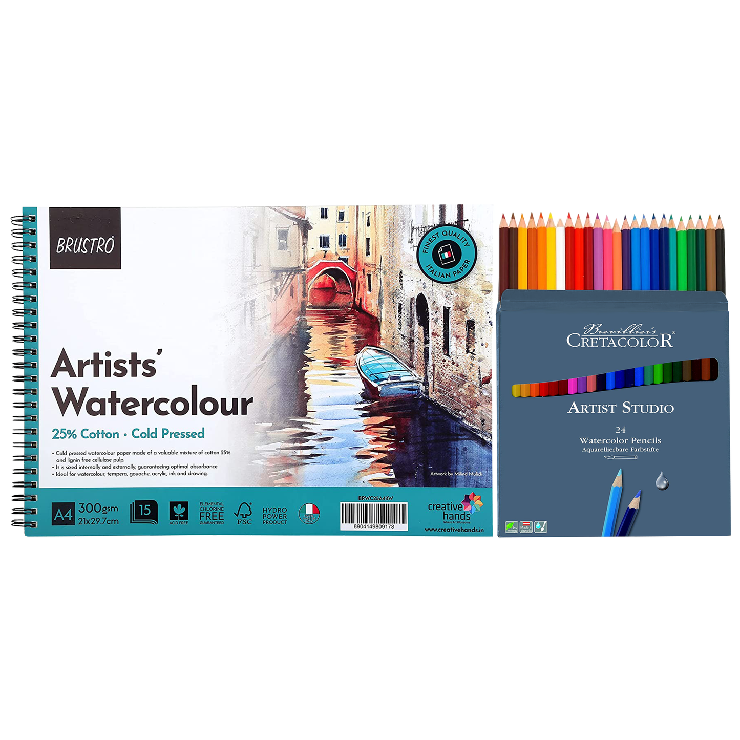 Brustro Watercolour Paper Pad (300 GSM,A4,25% Cotton,Cold Pressed,15 Sheets) With Cretacolor Artist Studio Watercolor Pencils (Set of 24 ,Multicolor)