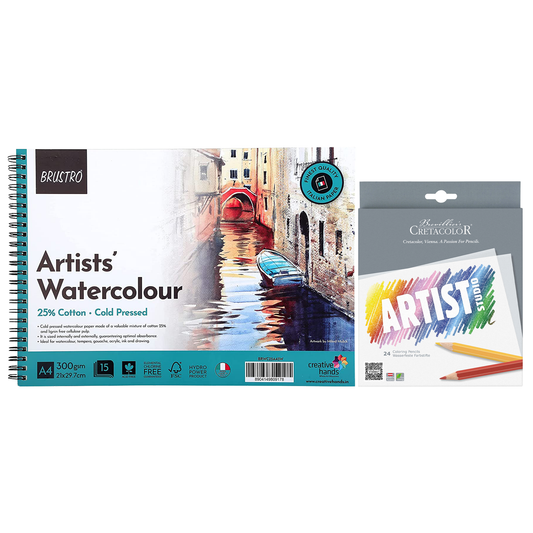 Brustro Watercolour Paper Pad (300 GSM,A4,25% Cotton,Cold Pressed,15 Sheets) With Cretacolor Artist Studio Watercolor Pencils (Set of 24 ,Multicolor)