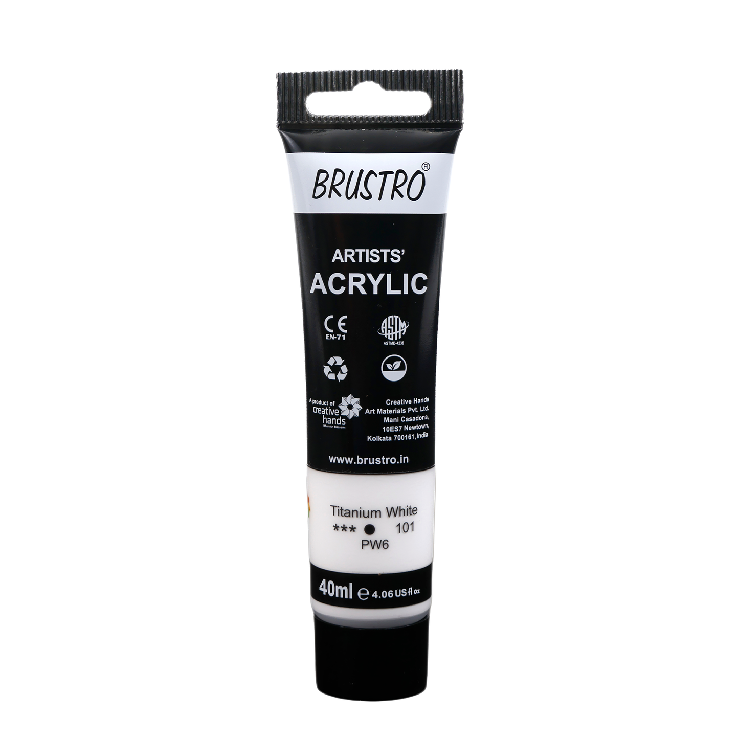 BRUSTRO Artists Acrylic Paint Tube | 40ml, Titanium White |Non-Toxic, Water based, Inter Mixable, Ideal for Painting, Textured Effects on Canvas, Paper, Fine Art Student and Professionals