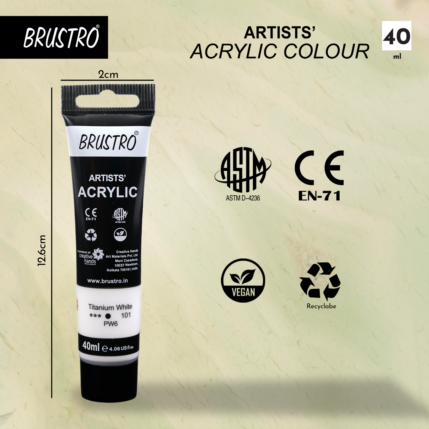 BRUSTRO Artists Acrylic Paint |40ml, Titanium White, Pack Of 6 Tubes|Non-Toxic,Water based,Inter Mixable,Ideal for Painting,Textured Effects on Canvas,Paper,Fine Art Student and Professionals