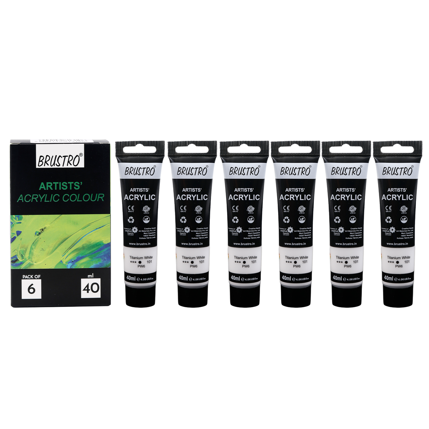 BRUSTRO Artists Acrylic Paint |40ml, Titanium White, Pack Of 6 Tubes|Non-Toxic,Water based,Inter Mixable,Ideal for Painting,Textured Effects on Canvas,Paper,Fine Art Student and Professionals