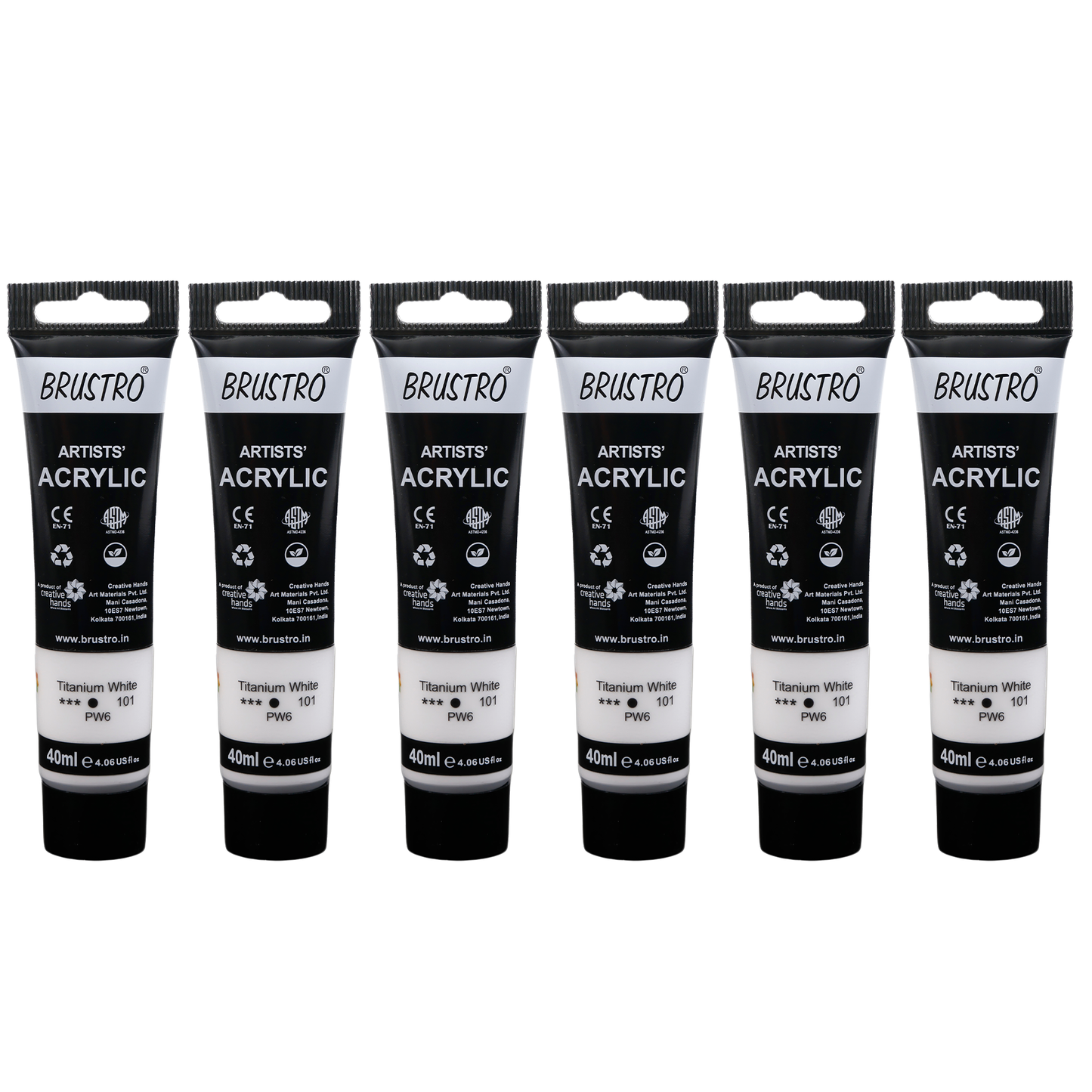 BRUSTRO Artists Acrylic Paint |40ml, Titanium White, Pack Of 6 Tubes|Non-Toxic,Water based,Inter Mixable,Ideal for Painting,Textured Effects on Canvas,Paper,Fine Art Student and Professionals
