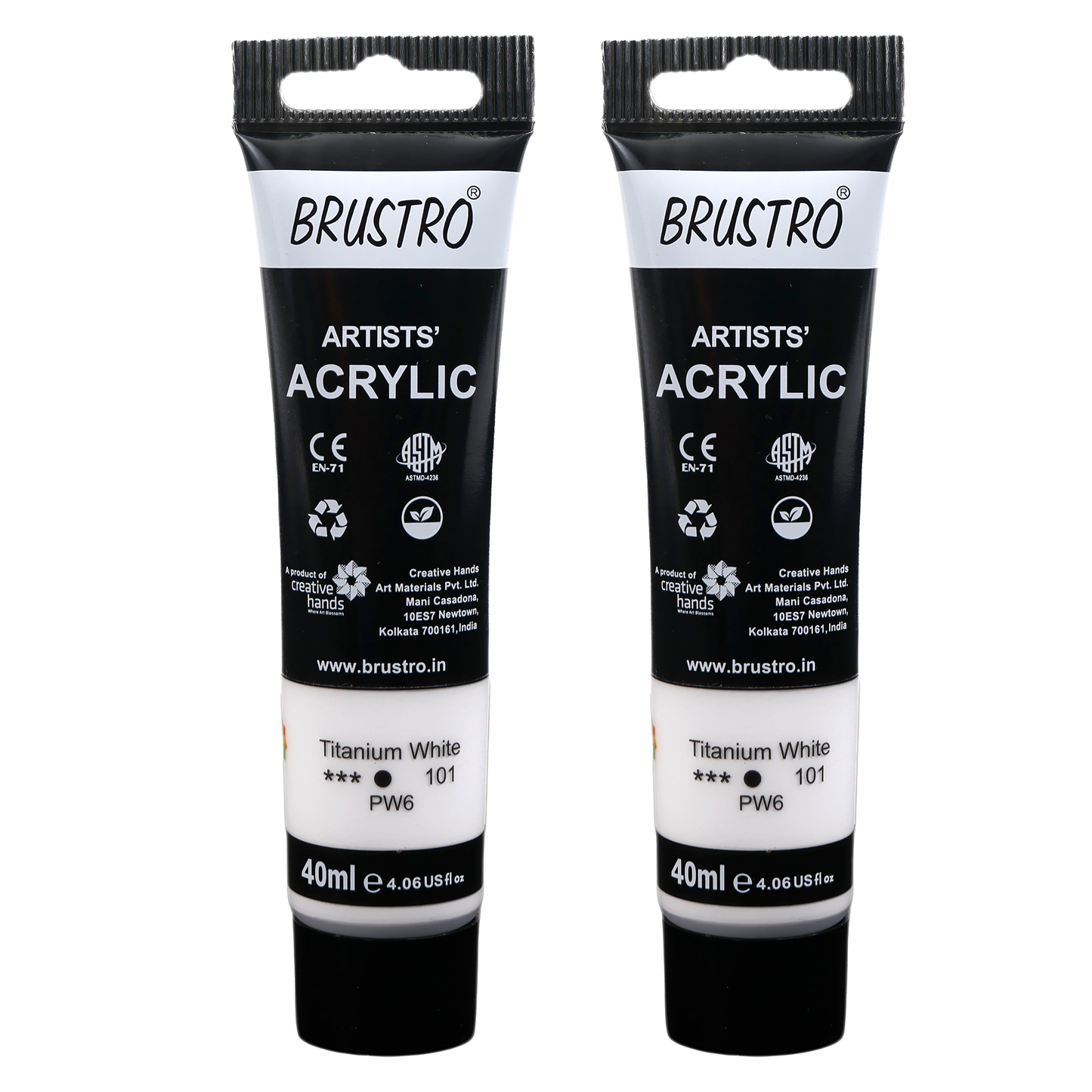 BRUSTRO Artists Acrylic Paint Tube | 40ml, Titanium White (Pack of 2)|Non-Toxic, Water based, Inter Mixable, Ideal for Painting, Textured Effects on Canvas, Paper, Fine Art Student and Professionals