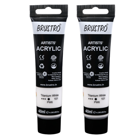BRUSTRO Artists Acrylic Paint Tube | 40ml, Titanium White (Pack of 2)|Non-Toxic, Water based, Inter Mixable, Ideal for Painting, Textured Effects on Canvas, Paper, Fine Art Student and Professionals