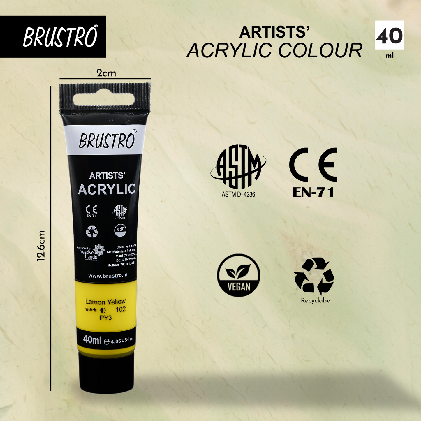 BRUSTRO Artists Acrylic Paint Tube | 40ml, Lemon Yellow (Pack of 2)|Non-Toxic, Water based, Inter Mixable, Ideal for Painting, Textured Effects on Canvas, Paper, Fine Art Student and Professionals