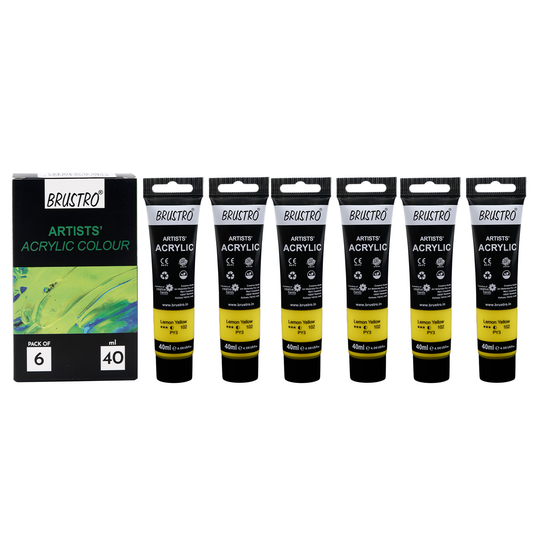 BRUSTRO Artists Acrylic Paint |40ml, Lemon Yellow, Pack Of 6 Tubes|Non-Toxic,Water based,Inter Mixable,Ideal for Painting,Textured Effects on Canvas,Paper,Fine Art Student and Professionals