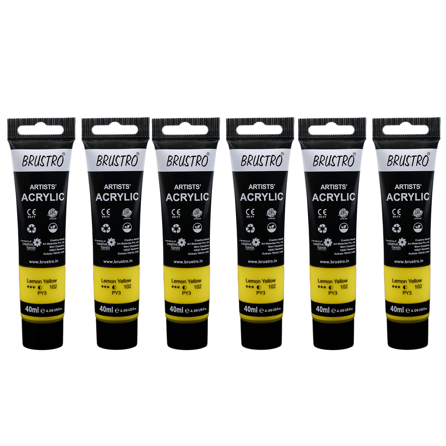 BRUSTRO Artists Acrylic Paint |40ml, Lemon Yellow, Pack Of 6 Tubes|Non-Toxic,Water based,Inter Mixable,Ideal for Painting,Textured Effects on Canvas,Paper,Fine Art Student and Professionals