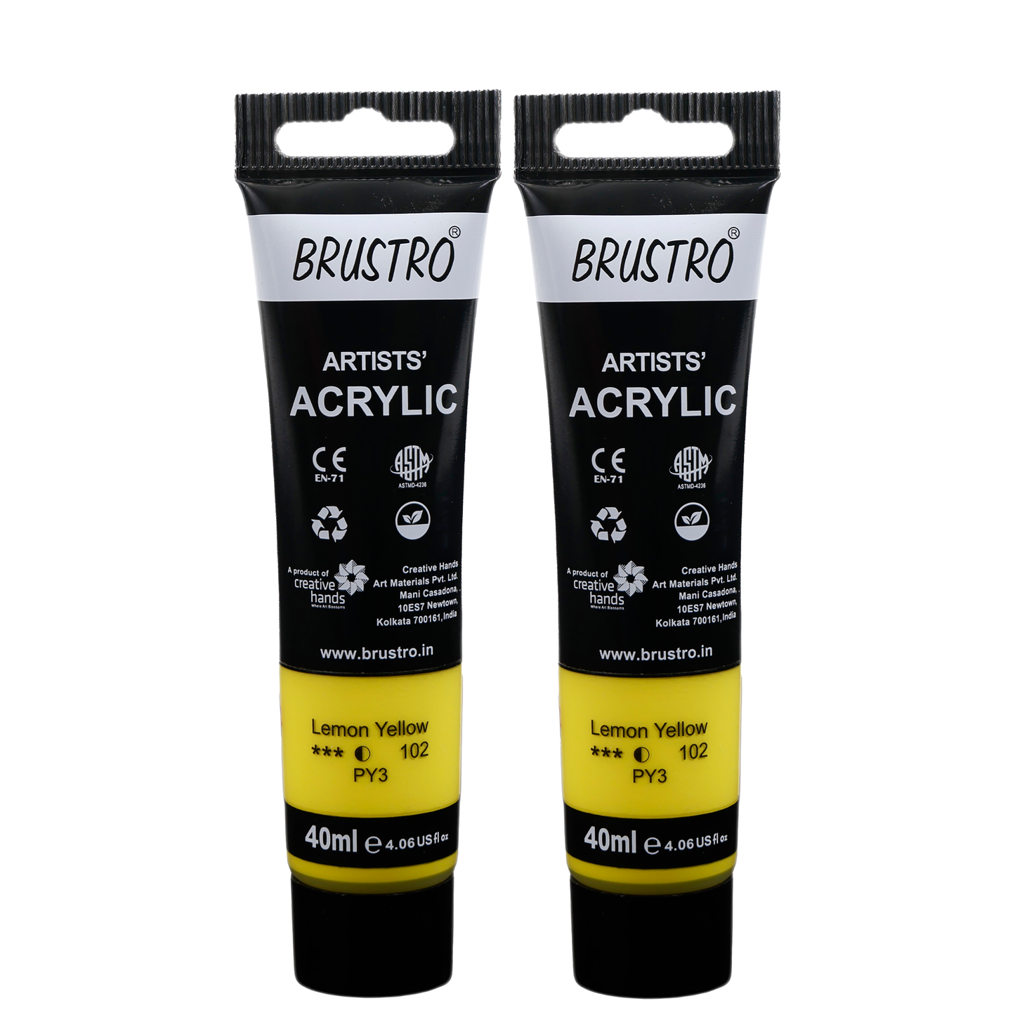 BRUSTRO Artists Acrylic Paint Tube | 40ml, Lemon Yellow (Pack of 2)|Non-Toxic, Water based, Inter Mixable, Ideal for Painting, Textured Effects on Canvas, Paper, Fine Art Student and Professionals