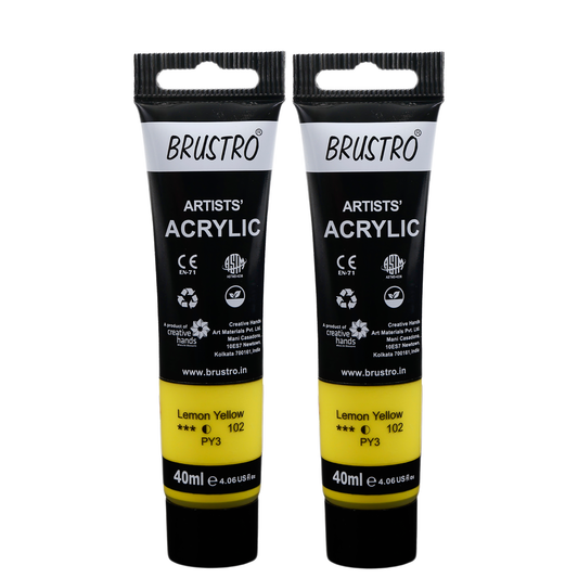 BRUSTRO Artists Acrylic Paint Tube | 40ml, Lemon Yellow (Pack of 2)|Non-Toxic, Water based, Inter Mixable, Ideal for Painting, Textured Effects on Canvas, Paper, Fine Art Student and Professionals