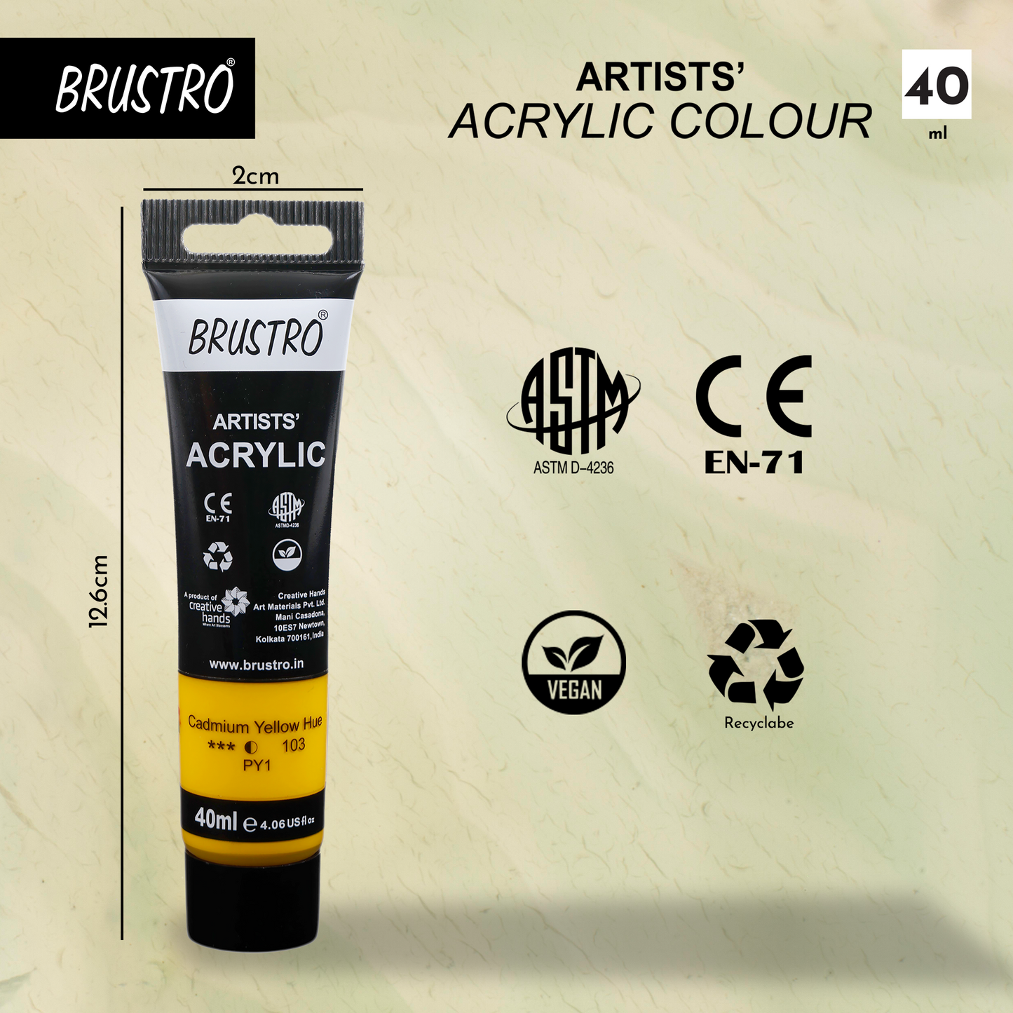BRUSTRO Artists Acrylic Paint Tube | 40ml, Cad Yellow Hue (Pack of 2)|Non-Toxic, Water based, Inter Mixable, Ideal for Painting, Textured Effects on Canvas, Paper, Fine Art Student and Professionals