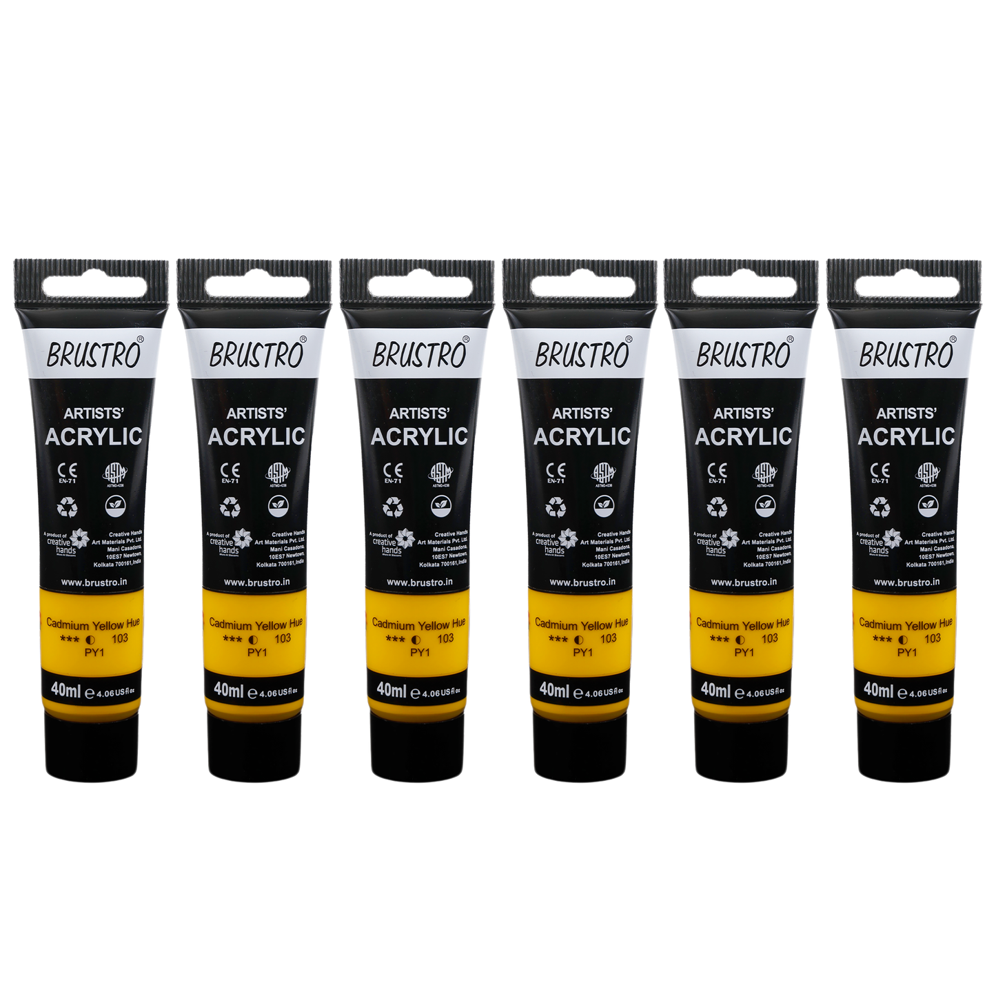 BRUSTRO Artists Acrylic Paint |40ml, Cad Yellow Hue, Pack Of 6 Tubes|Non-Toxic,Water based,Inter Mixable,Ideal for Painting,Textured Effects on Canvas,Paper,Fine Art Student and Professionals
