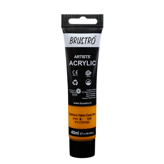 BRUSTRO Artists Acrylic Paint Tube | 40ml, Cad Yellow Deep Hue |Non-Toxic, Water based, Inter Mixable, Ideal for Painting, Textured Effects on Canvas, Paper, Fine Art Student and Professionals