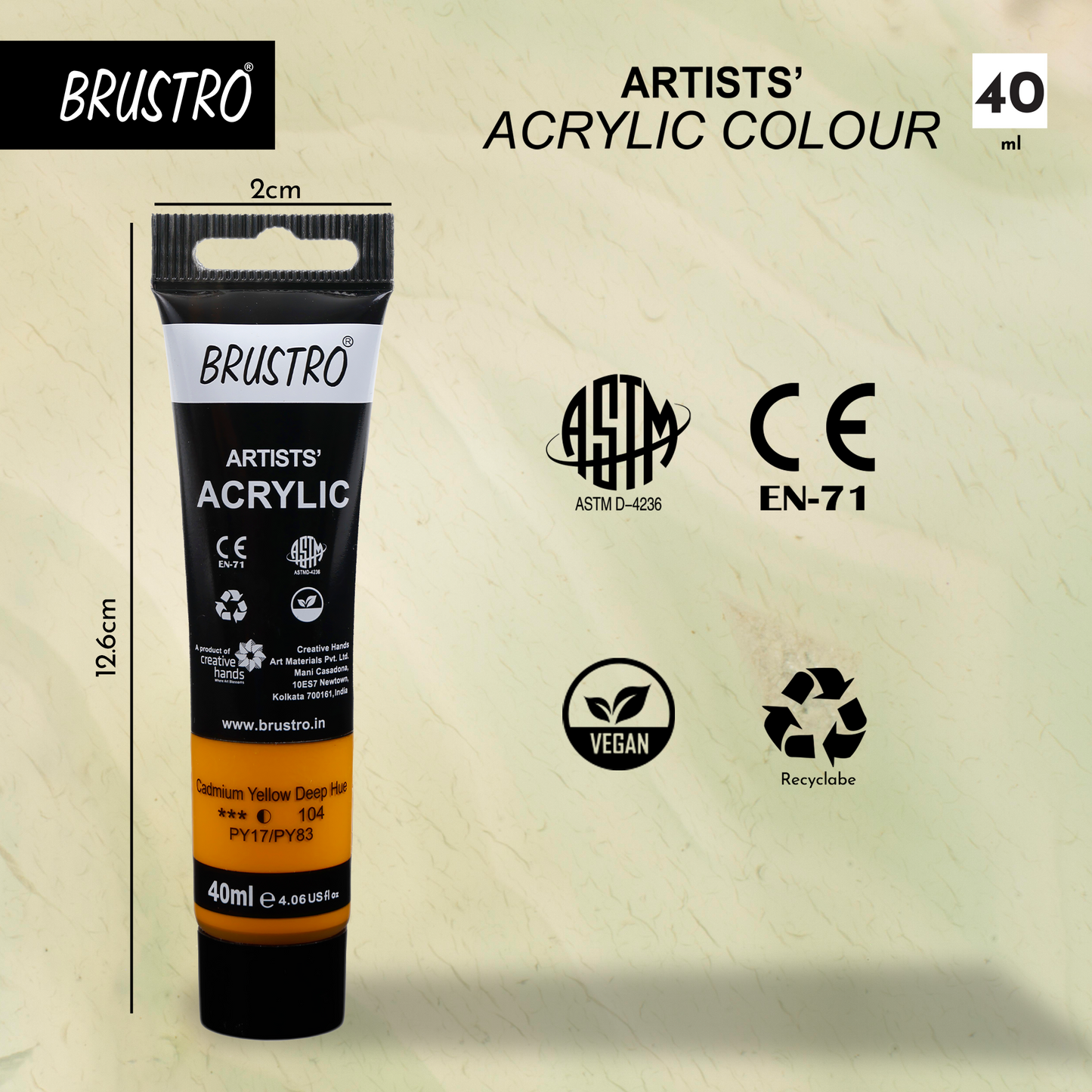 BRUSTRO Artists Acrylic Paint |40ml, Cad Yellow Deep Hue, Pack Of 6 Tubes|Non-Toxic,Water based,Inter Mixable,Ideal for Painting,Textured Effects on Canvas,Paper,Fine Art Student and Professionals