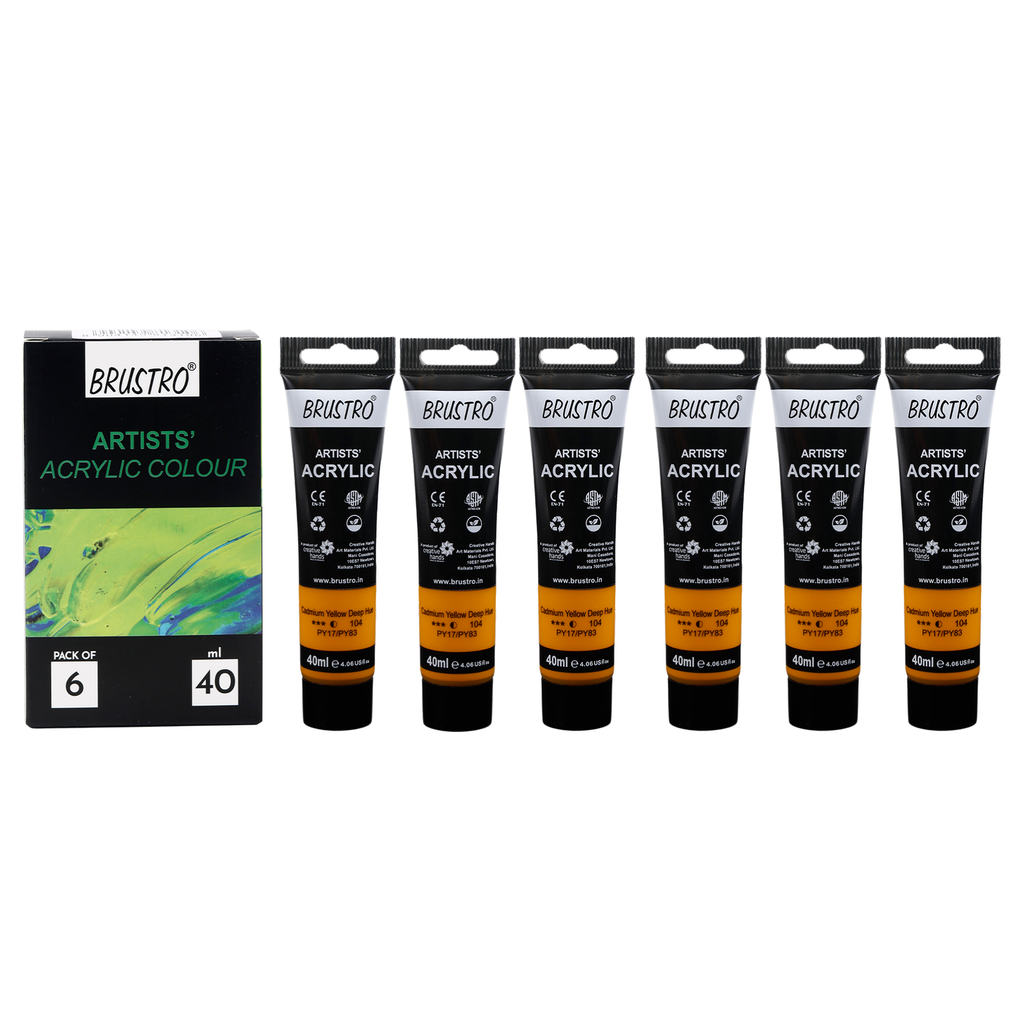 BRUSTRO Artists Acrylic Paint |40ml, Cad Yellow Deep Hue, Pack Of 6 Tubes|Non-Toxic,Water based,Inter Mixable,Ideal for Painting,Textured Effects on Canvas,Paper,Fine Art Student and Professionals