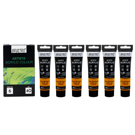 BRUSTRO Artists Acrylic Paint |40ml, Cad Yellow Deep Hue, Pack Of 6 Tubes|Non-Toxic,Water based,Inter Mixable,Ideal for Painting,Textured Effects on Canvas,Paper,Fine Art Student and Professionals