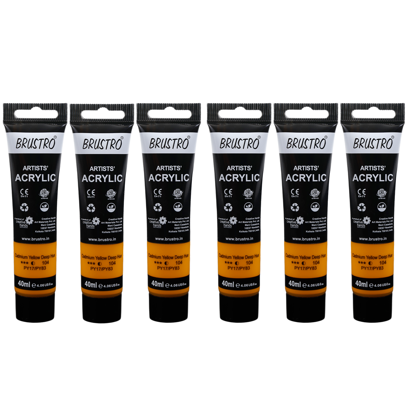 BRUSTRO Artists Acrylic Paint |40ml, Cad Yellow Deep Hue, Pack Of 6 Tubes|Non-Toxic,Water based,Inter Mixable,Ideal for Painting,Textured Effects on Canvas,Paper,Fine Art Student and Professionals