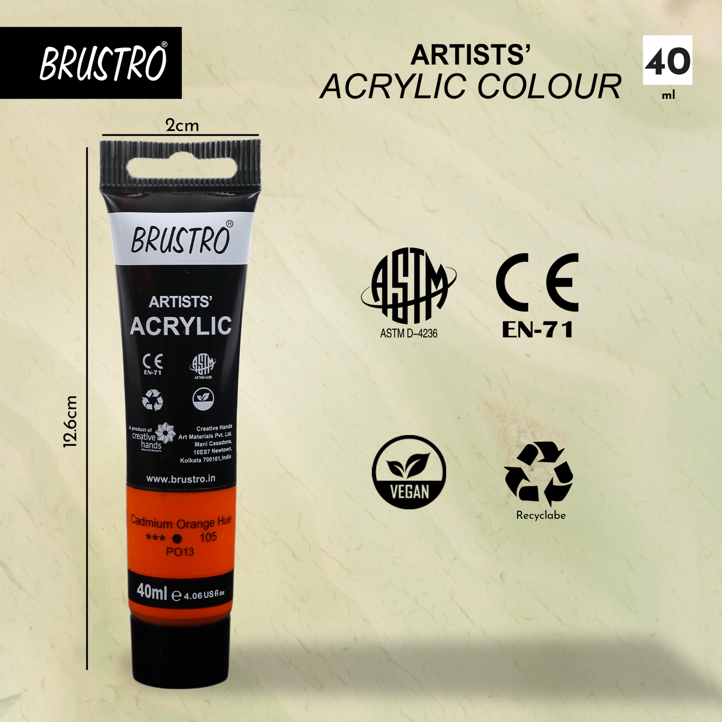 BRUSTRO Artists Acrylic Paint |40ml, Cad Orange Hue, Pack Of 6 Tubes|Non-Toxic,Water based,Inter Mixable,Ideal for Painting,Textured Effects on Canvas,Paper,Fine Art Student and Professionals