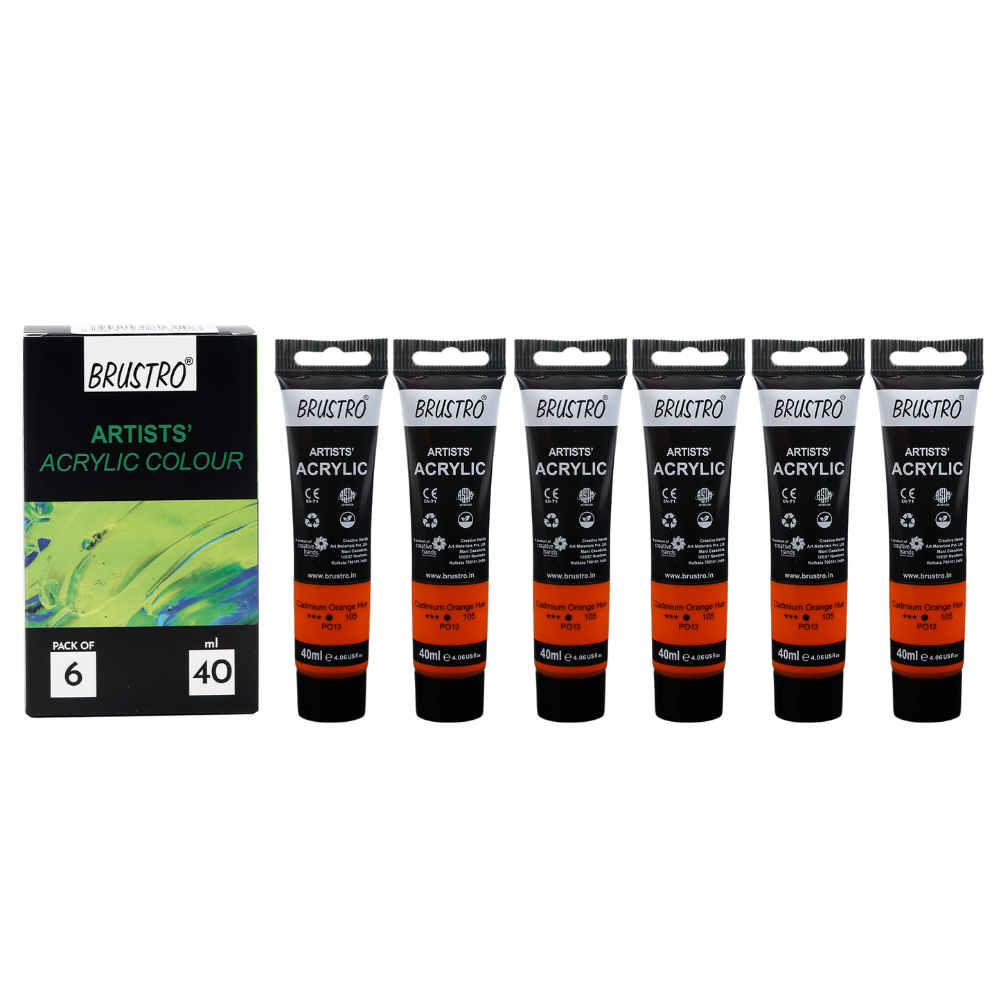 BRUSTRO Artists Acrylic Paint |40ml, Cad Orange Hue, Pack Of 6 Tubes|Non-Toxic,Water based,Inter Mixable,Ideal for Painting,Textured Effects on Canvas,Paper,Fine Art Student and Professionals