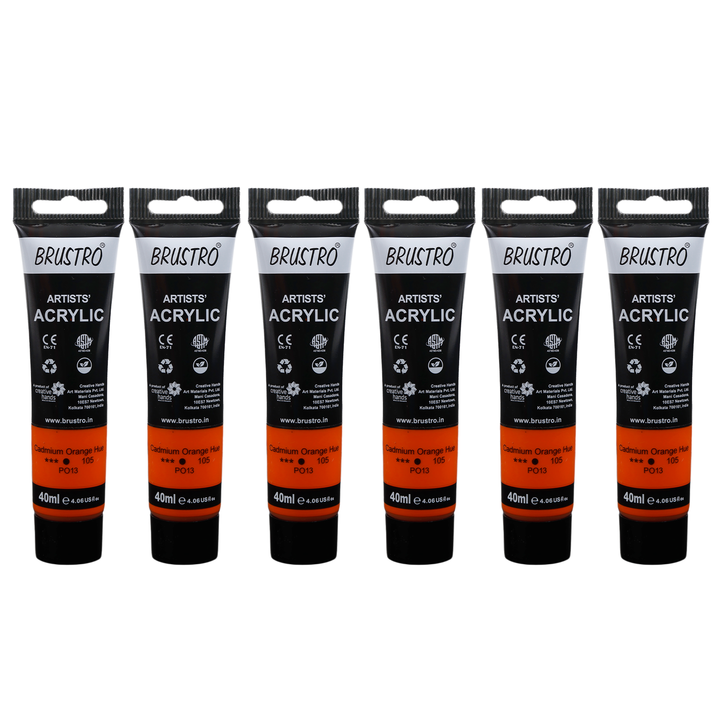 BRUSTRO Artists Acrylic Paint |40ml, Cad Orange Hue, Pack Of 6 Tubes|Non-Toxic,Water based,Inter Mixable,Ideal for Painting,Textured Effects on Canvas,Paper,Fine Art Student and Professionals