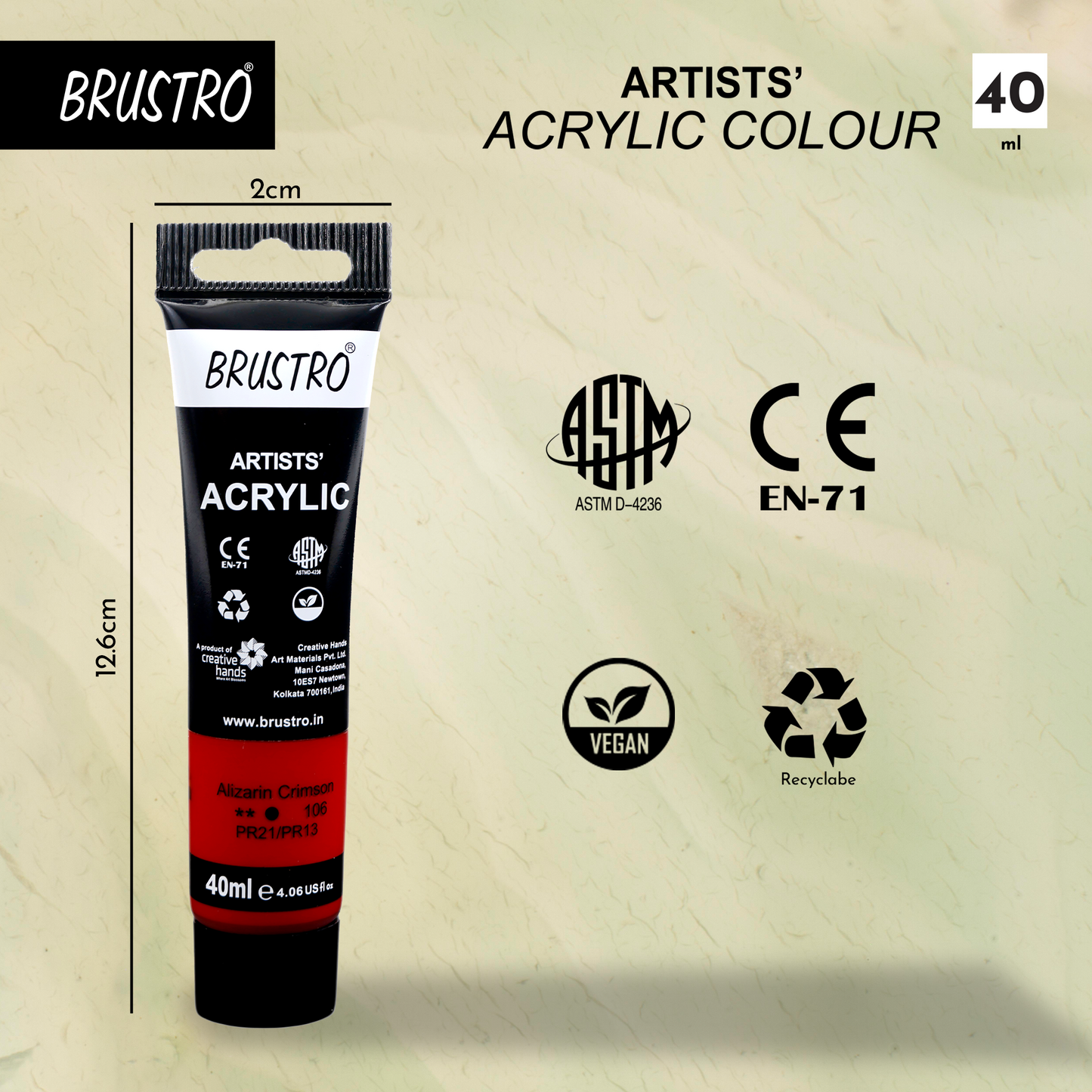 BRUSTRO Artists Acrylic Paint |40ml, Alizarin Crimson, Pack Of 6 Tubes|Non-Toxic,Water based,Inter Mixable,Ideal for Painting,Textured Effects on Canvas,Paper,Fine Art Student and Professionals