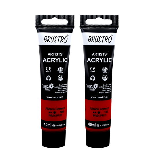BRUSTRO Artists Acrylic Paint Tube | 40ml, Alizarin Crimson (Pack of 2)|Non-Toxic, Water based, Inter Mixable, Ideal for Painting, Textured Effects on Canvas, Paper, Fine Art Student and Professionals