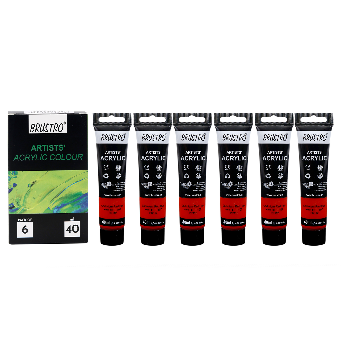 BRUSTRO Artists Acrylic Paint |40ml, Cad Red Hue, Pack Of 6 Tubes|Non-Toxic,Water based,Inter Mixable,Ideal for Painting,Textured Effects on Canvas,Paper,Fine Art Student and Professionals