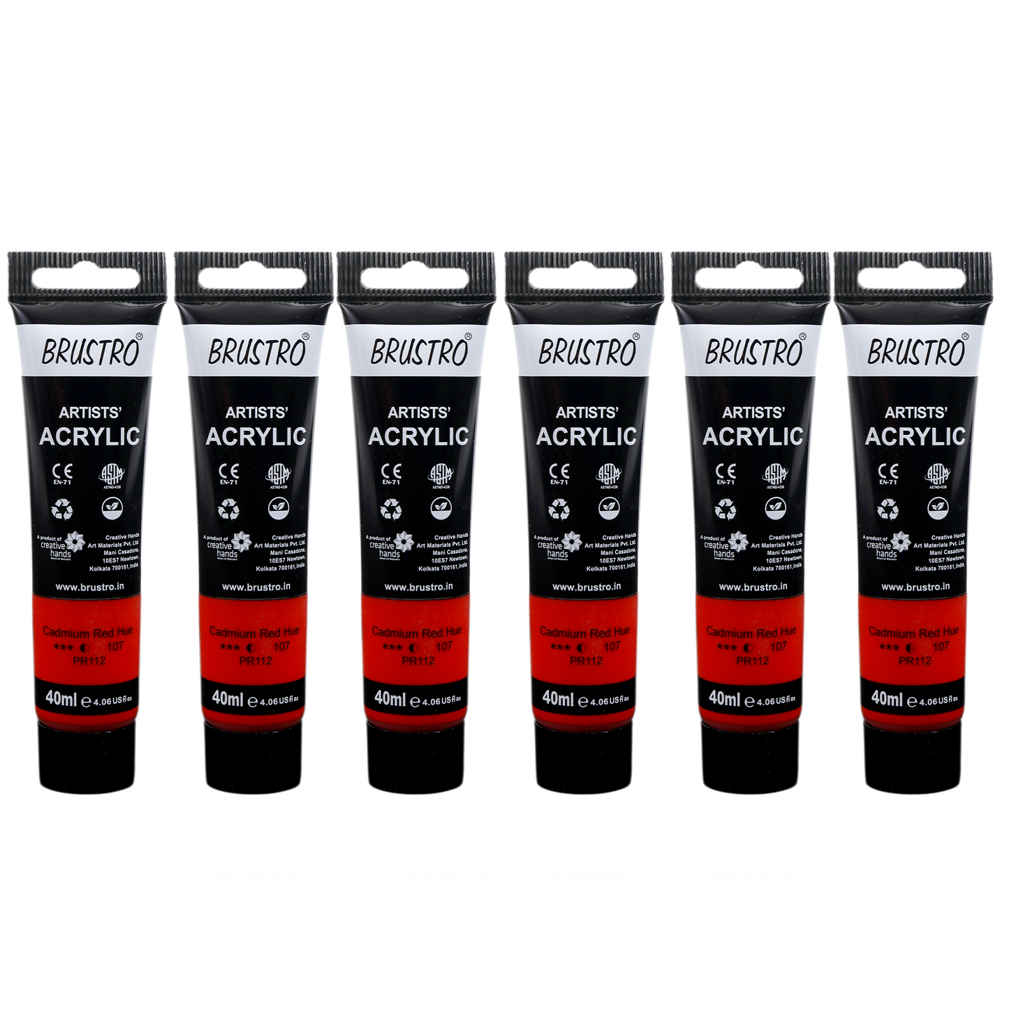 BRUSTRO Artists Acrylic Paint |40ml, Cad Red Hue, Pack Of 6 Tubes|Non-Toxic,Water based,Inter Mixable,Ideal for Painting,Textured Effects on Canvas,Paper,Fine Art Student and Professionals