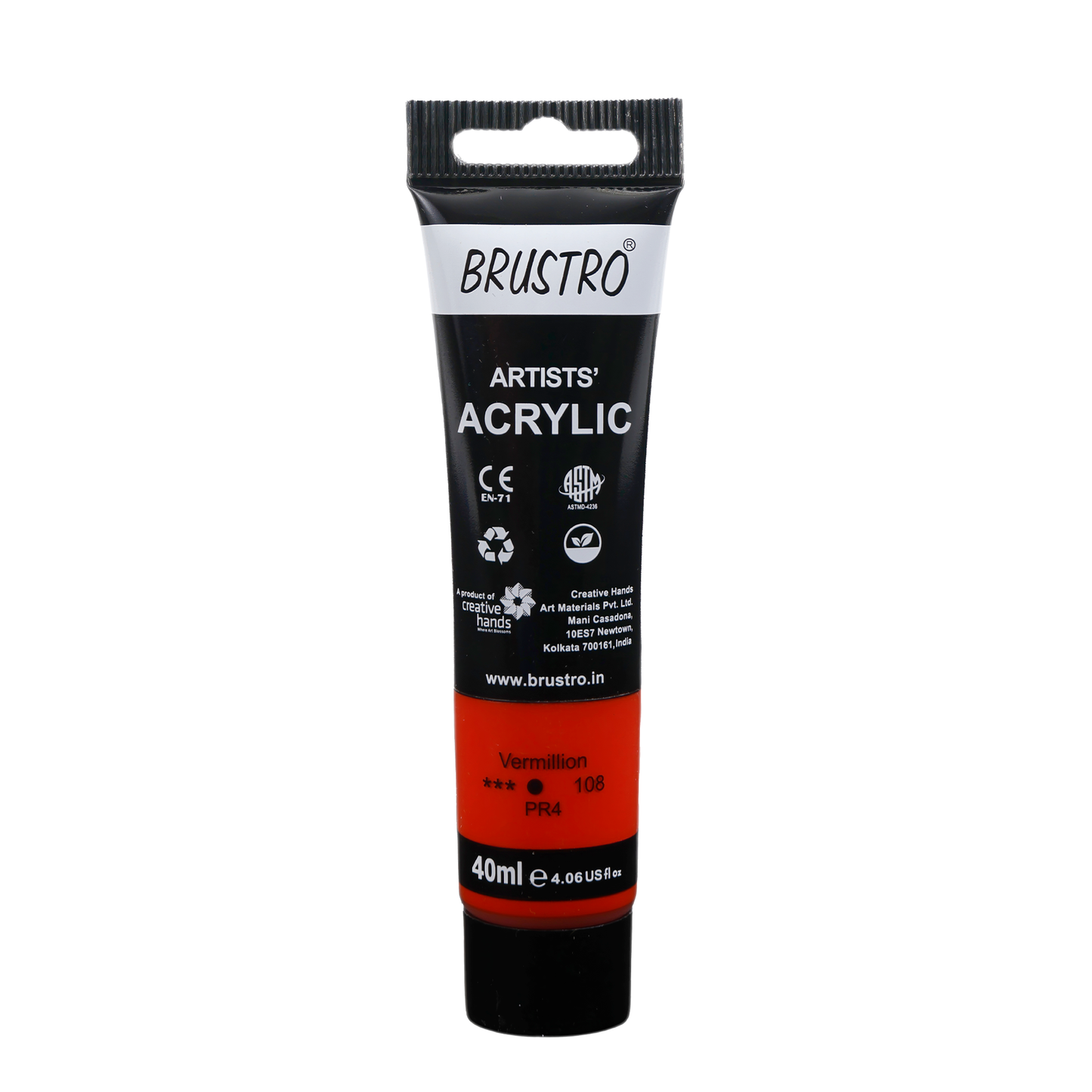 BRUSTRO Artists Acrylic Paint Tube | 40ml, Vermillion |Non-Toxic, Water based, Inter Mixable, Ideal for Painting, Textured Effects on Canvas, Paper, Fine Art Student and Professionals