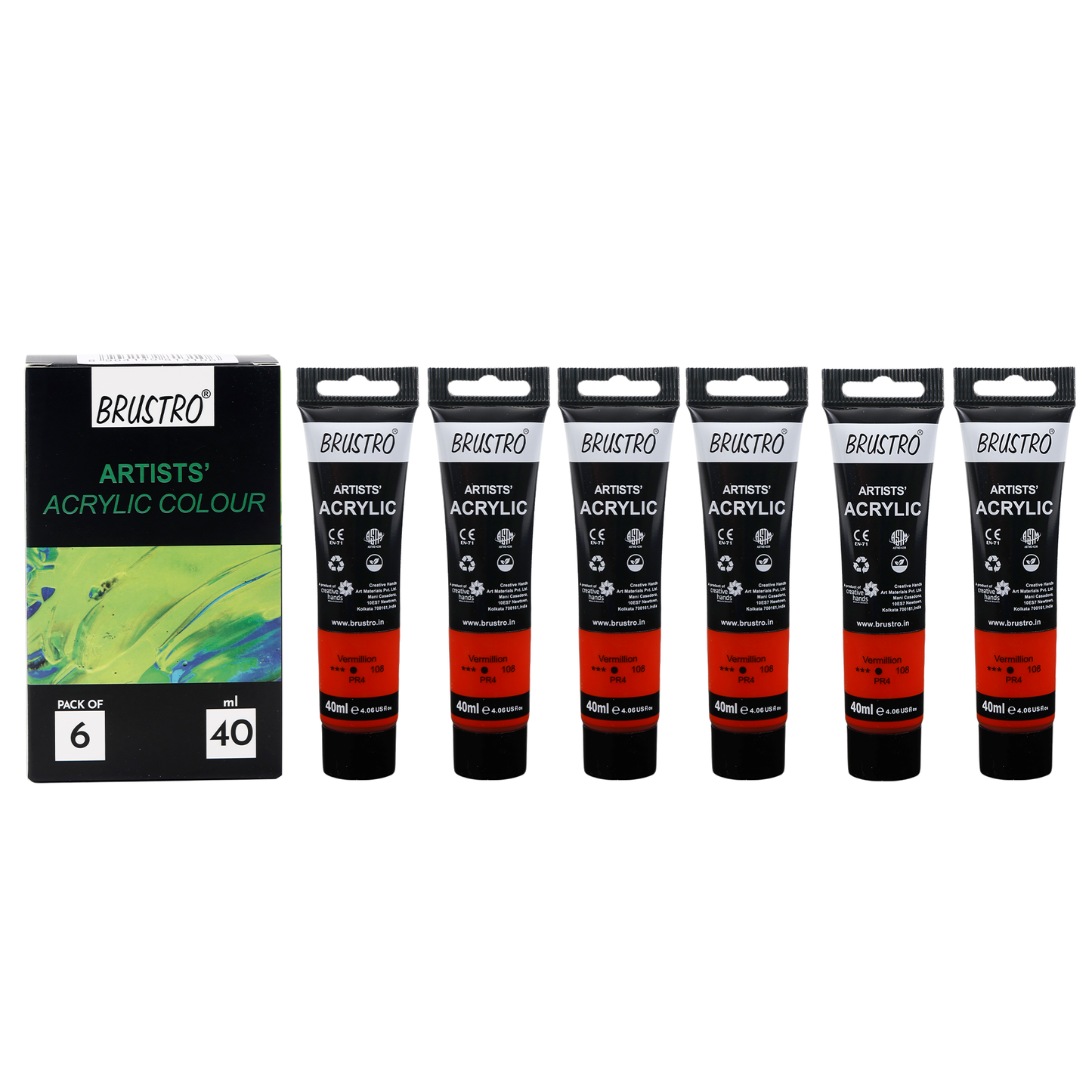 BRUSTRO Artists Acrylic Paint |40ml, Vermillion, Pack Of 6 Tubes|Non-Toxic,Water based,Inter Mixable,Ideal for Painting,Textured Effects on Canvas,Paper,Fine Art Student and Professionals
