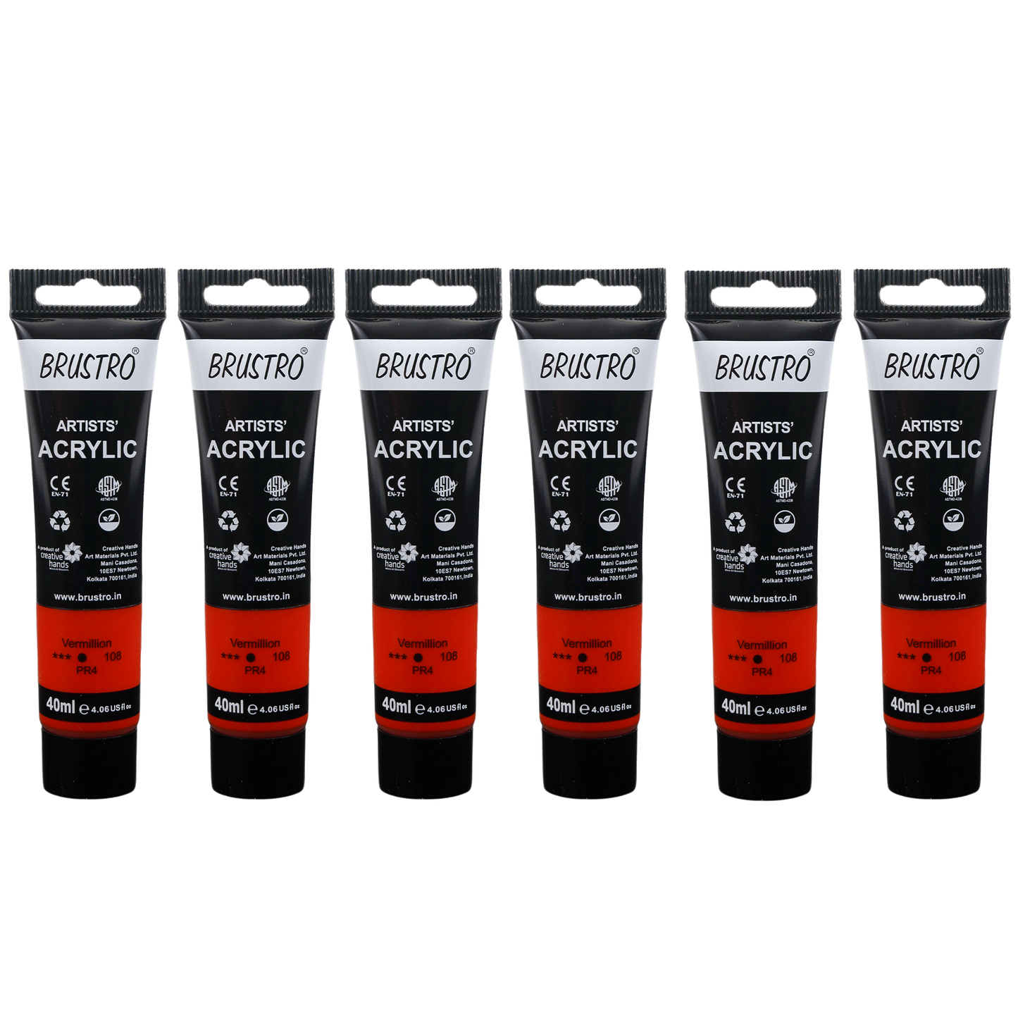BRUSTRO Artists Acrylic Paint |40ml, Vermillion, Pack Of 6 Tubes|Non-Toxic,Water based,Inter Mixable,Ideal for Painting,Textured Effects on Canvas,Paper,Fine Art Student and Professionals