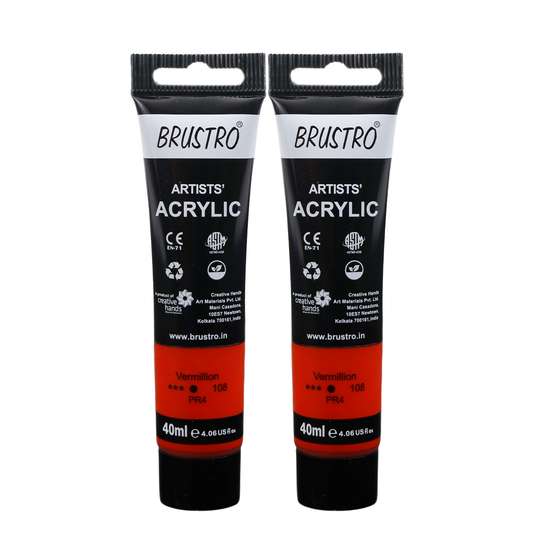 BRUSTRO Artists Acrylic Paint Tube | 40ml, Vermillion (Pack of 2)|Non-Toxic, Water based, Inter Mixable, Ideal for Painting, Textured Effects on Canvas, Paper, Fine Art Student and Professionals