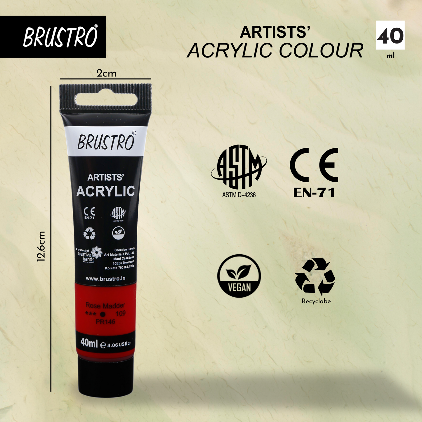 BRUSTRO Artists Acrylic Paint |40ml, Rose Madder, Pack Of 6 Tubes|Non-Toxic,Water based,Inter Mixable,Ideal for Painting,Textured Effects on Canvas,Paper,Fine Art Student and Professionals