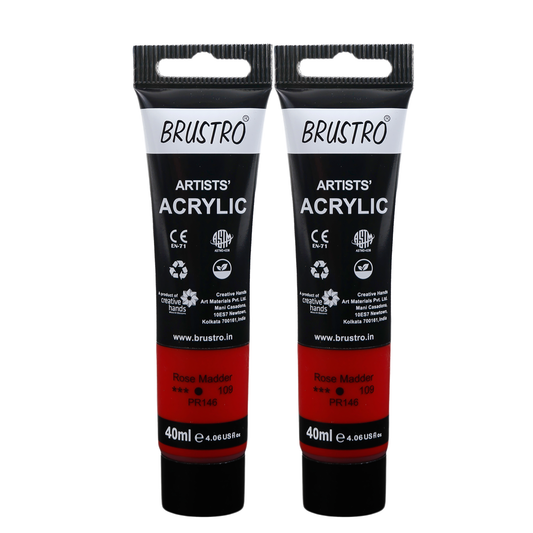 BRUSTRO Artists Acrylic Paint Tube | 40ml, Rose Madder (Pack of 2)|Non-Toxic, Water based, Inter Mixable, Ideal for Painting, Textured Effects on Canvas, Paper, Fine Art Student and Professionals