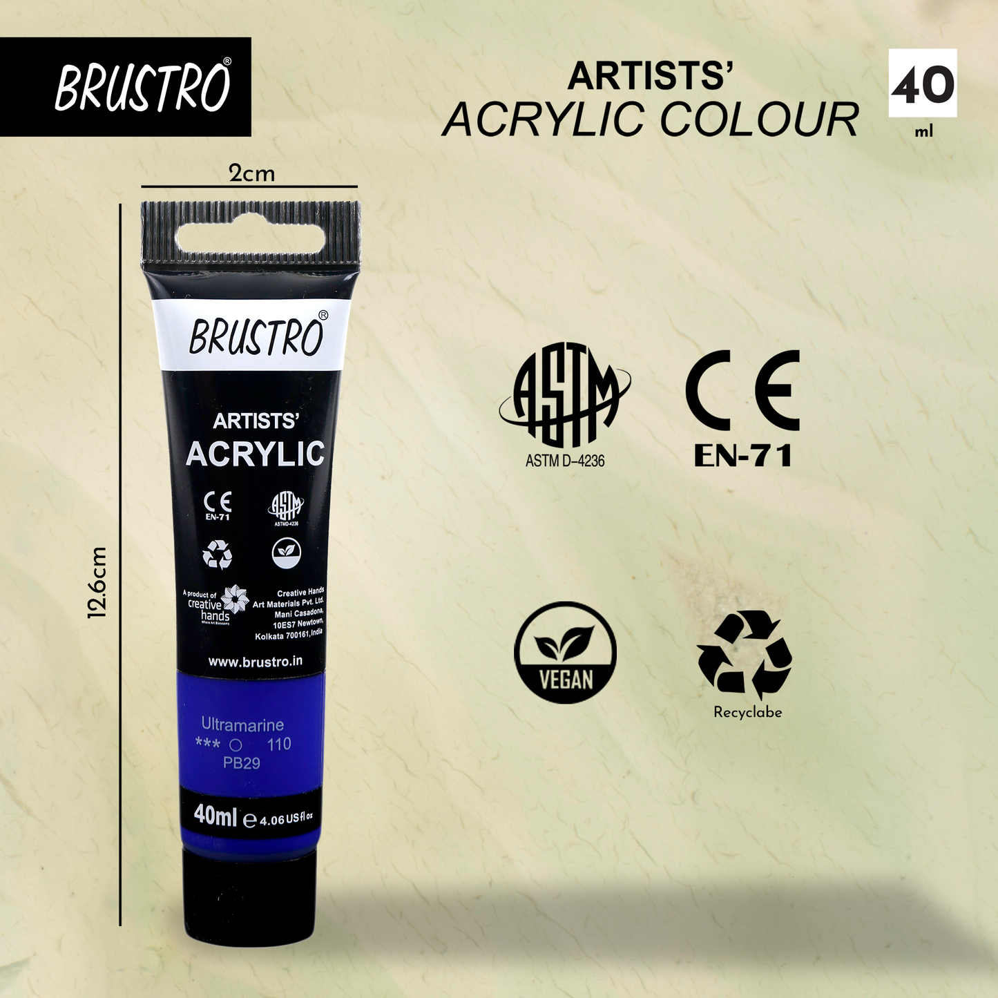 BRUSTRO Artists Acrylic Paint Tube | 40ml, Ultramarine (Pack of 2)|Non-Toxic, Water based, Inter Mixable, Ideal for Painting, Textured Effects on Canvas, Paper, Fine Art Student and Professionals