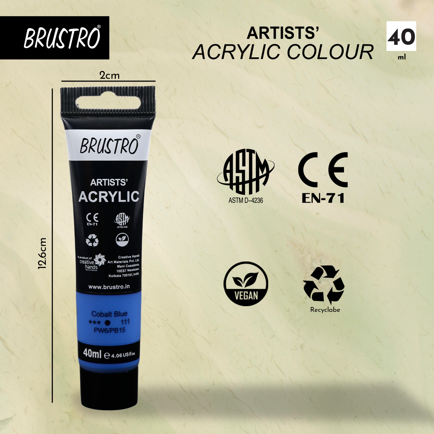 BRUSTRO Artists Acrylic Paint |40ml, Cobalt Blue, Pack Of 6 Tubes|Non-Toxic,Water based,Inter Mixable,Ideal for Painting,Textured Effects on Canvas,Paper,Fine Art Student and Professionals