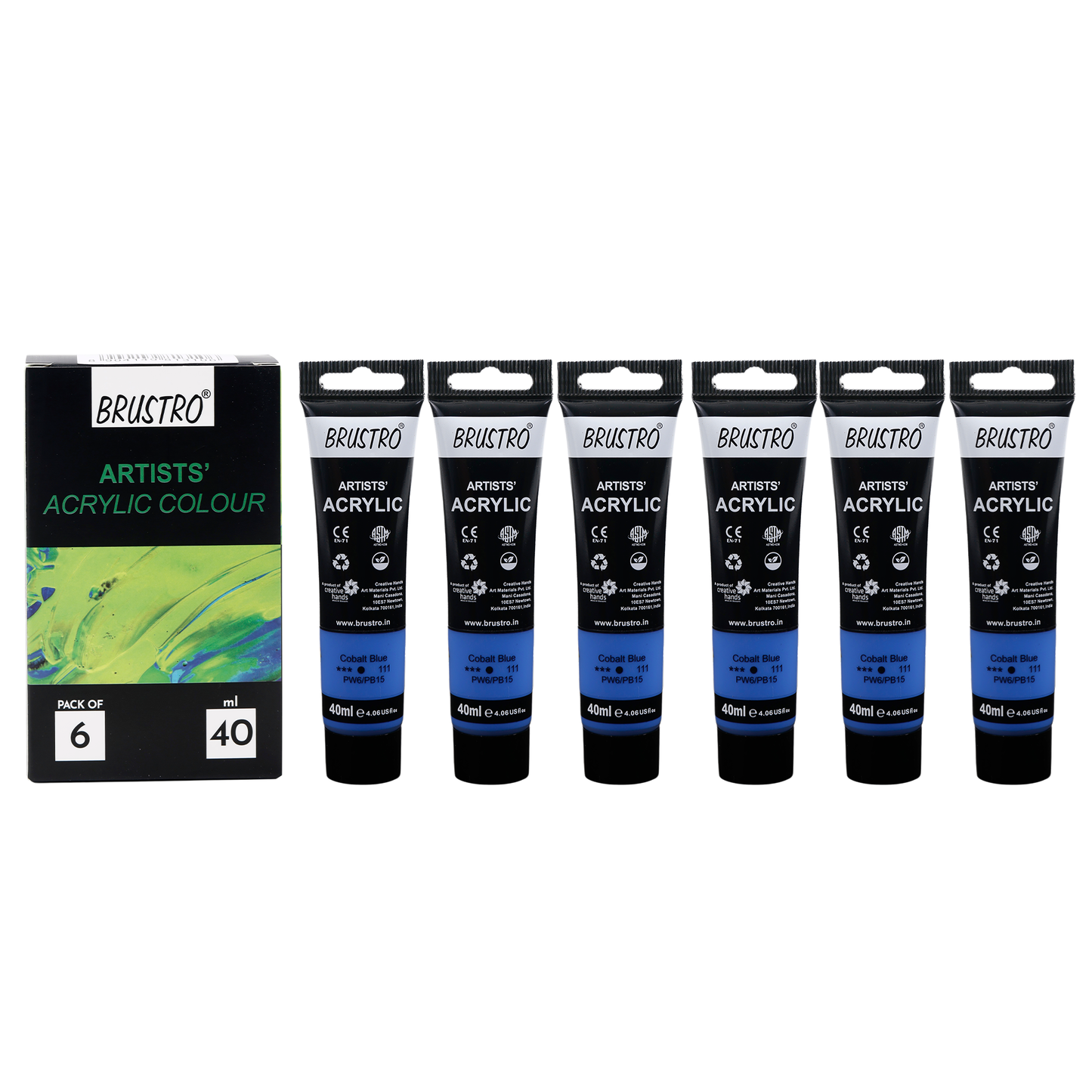 BRUSTRO Artists Acrylic Paint |40ml, Cobalt Blue, Pack Of 6 Tubes|Non-Toxic,Water based,Inter Mixable,Ideal for Painting,Textured Effects on Canvas,Paper,Fine Art Student and Professionals