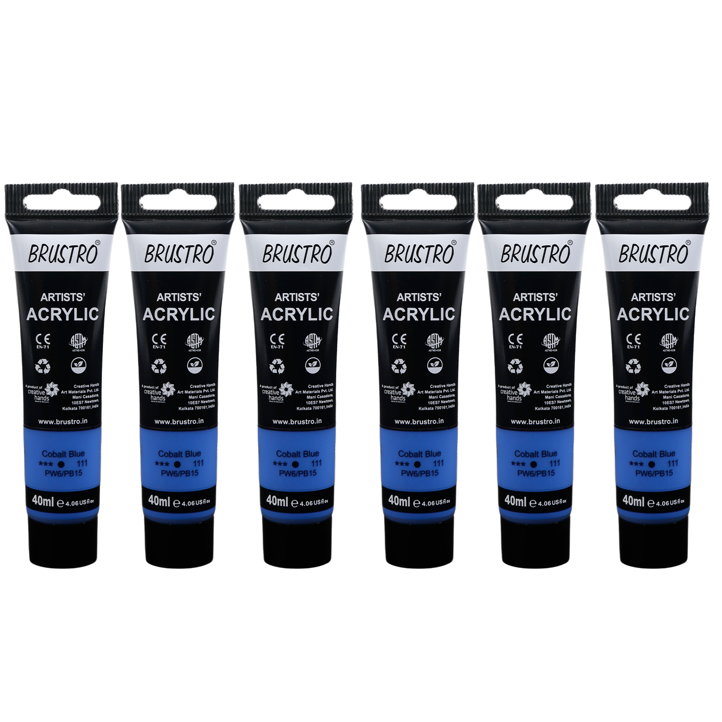BRUSTRO Artists Acrylic Paint |40ml, Cobalt Blue, Pack Of 6 Tubes|Non-Toxic,Water based,Inter Mixable,Ideal for Painting,Textured Effects on Canvas,Paper,Fine Art Student and Professionals