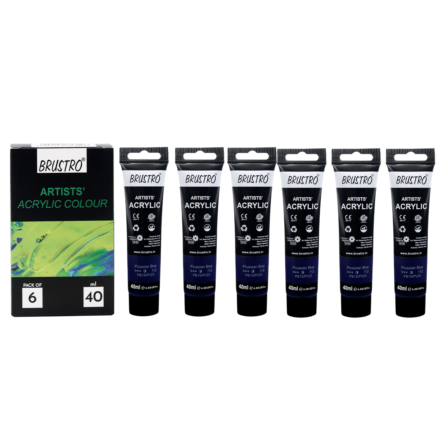 BRUSTRO Artists Acrylic Paint |40ml, Prussian Blue, Pack Of 6 Tubes|Non-Toxic,Water based,Inter Mixable,Ideal for Painting,Textured Effects on Canvas,Paper,Fine Art Student and Professionals