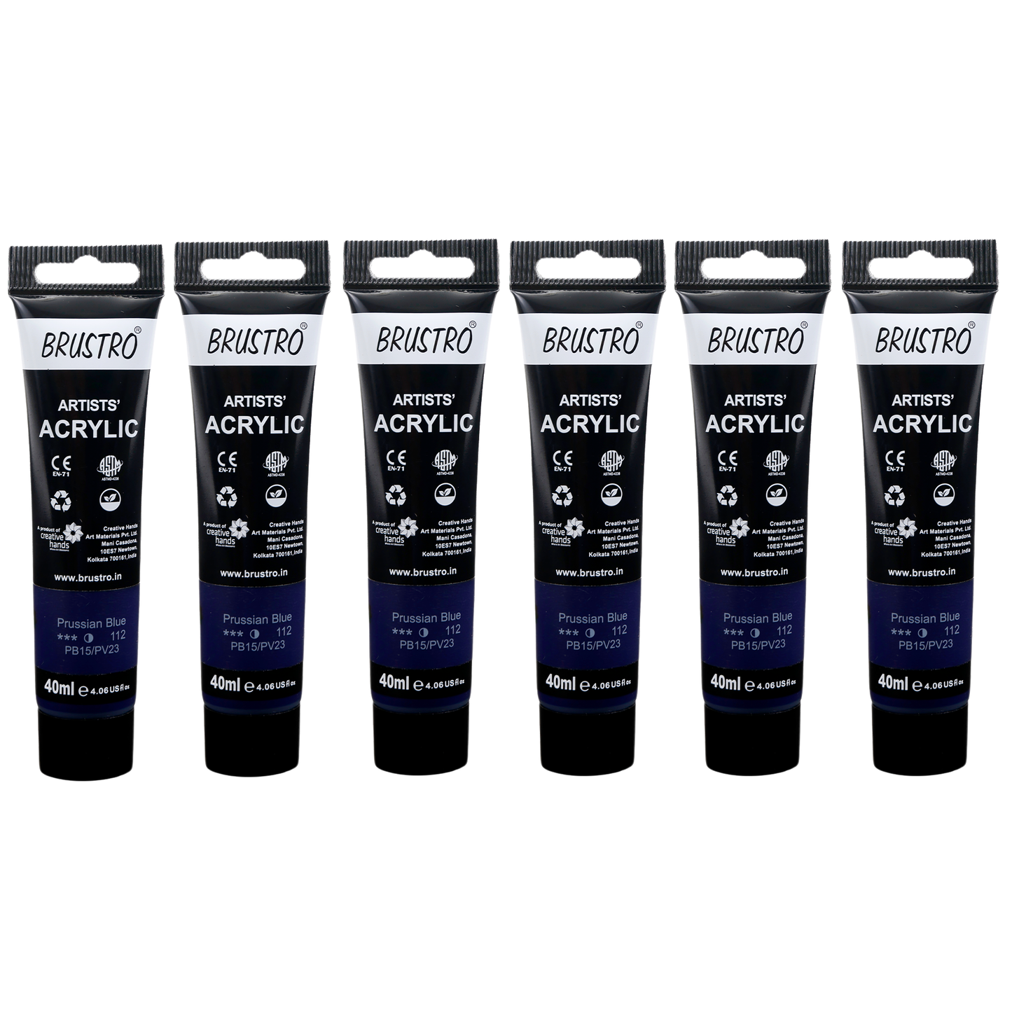 BRUSTRO Artists Acrylic Paint |40ml, Prussian Blue, Pack Of 6 Tubes|Non-Toxic,Water based,Inter Mixable,Ideal for Painting,Textured Effects on Canvas,Paper,Fine Art Student and Professionals
