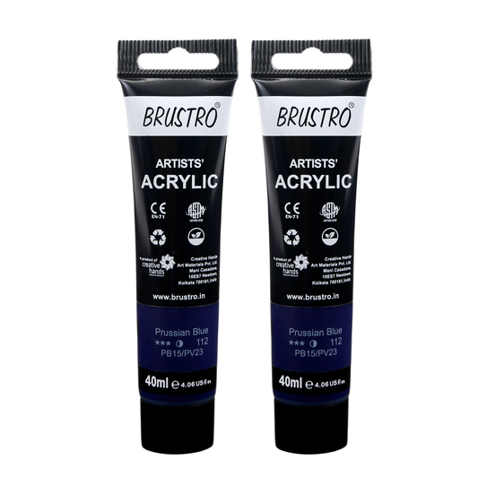 BRUSTRO Artists Acrylic Paint Tube | 40ml, Prussian Blue (Pack of 2)|Non-Toxic, Water based, Inter Mixable, Ideal for Painting, Textured Effects on Canvas, Paper, Fine Art Student and Professionals