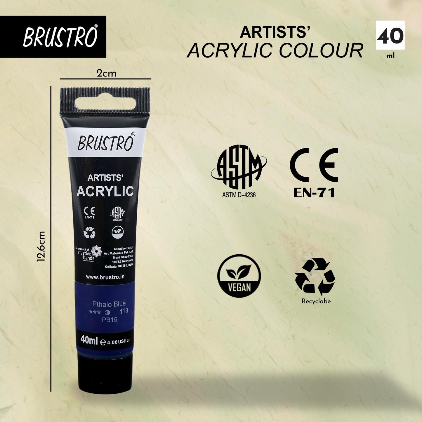 BRUSTRO Artists Acrylic Paint |40ml, Phthalo Blue, Pack Of 6 Tubes|Non-Toxic,Water based,Inter Mixable,Ideal for Painting,Textured Effects on Canvas,Paper,Fine Art Student and Professionals