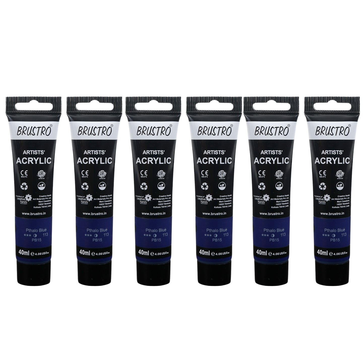 BRUSTRO Artists Acrylic Paint |40ml, Phthalo Blue, Pack Of 6 Tubes|Non-Toxic,Water based,Inter Mixable,Ideal for Painting,Textured Effects on Canvas,Paper,Fine Art Student and Professionals