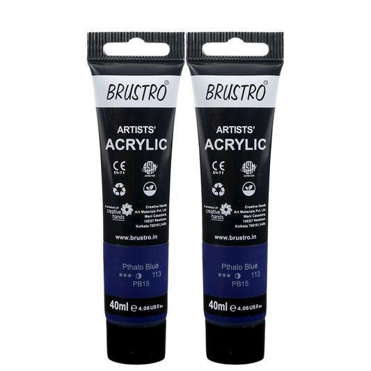 BRUSTRO Artists Acrylic Paint Tube | 40ml, Phthalo Blue (Pack of 2)|Non-Toxic, Water based, Inter Mixable, Ideal for Painting, Textured Effects on Canvas, Paper, Fine Art Student and Professionals