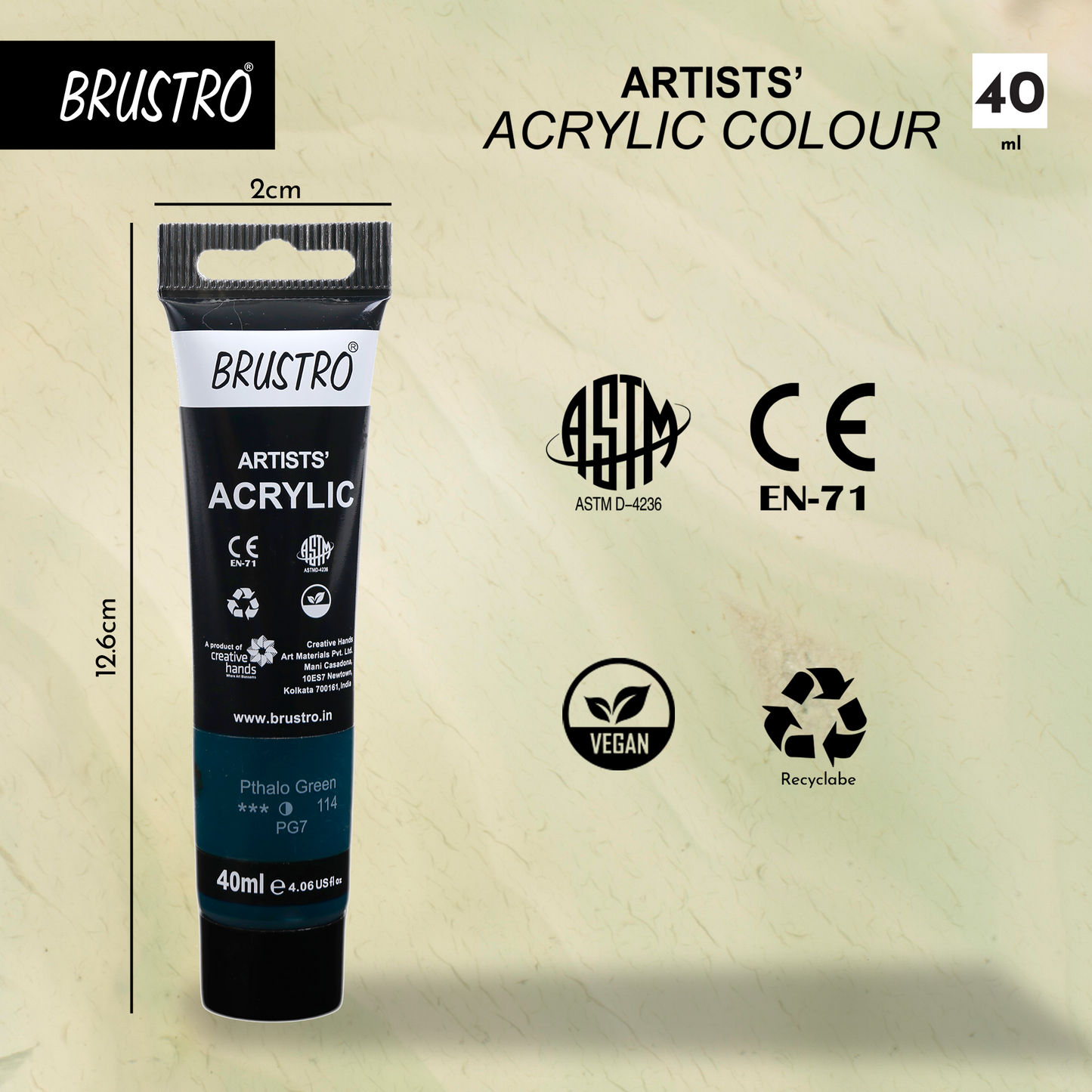 BRUSTRO Artists Acrylic Paint |40ml, Phthalo Green, Pack Of 6 Tubes|Non-Toxic,Water based,Inter Mixable,Ideal for Painting,Textured Effects on Canvas,Paper,Fine Art Student and Professionals