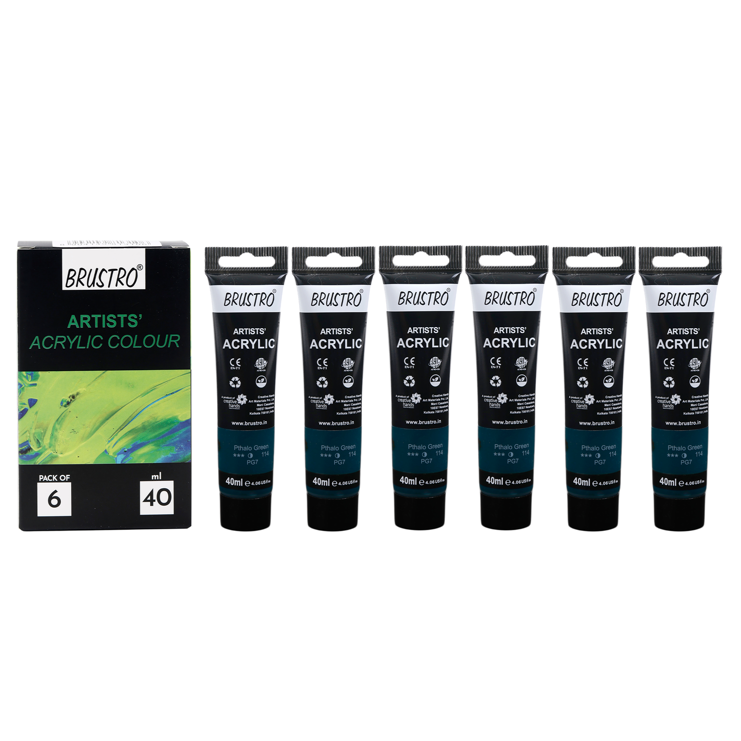 BRUSTRO Artists Acrylic Paint |40ml, Phthalo Green, Pack Of 6 Tubes|Non-Toxic,Water based,Inter Mixable,Ideal for Painting,Textured Effects on Canvas,Paper,Fine Art Student and Professionals