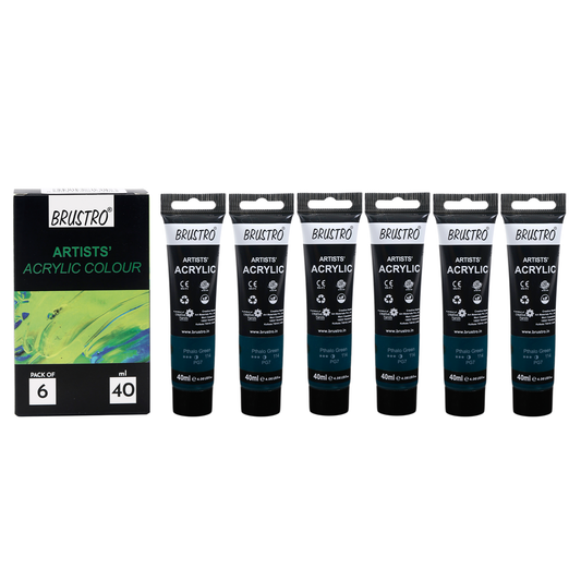 BRUSTRO Artists Acrylic Paint |40ml, Phthalo Green, Pack Of 6 Tubes|Non-Toxic,Water based,Inter Mixable,Ideal for Painting,Textured Effects on Canvas,Paper,Fine Art Student and Professionals
