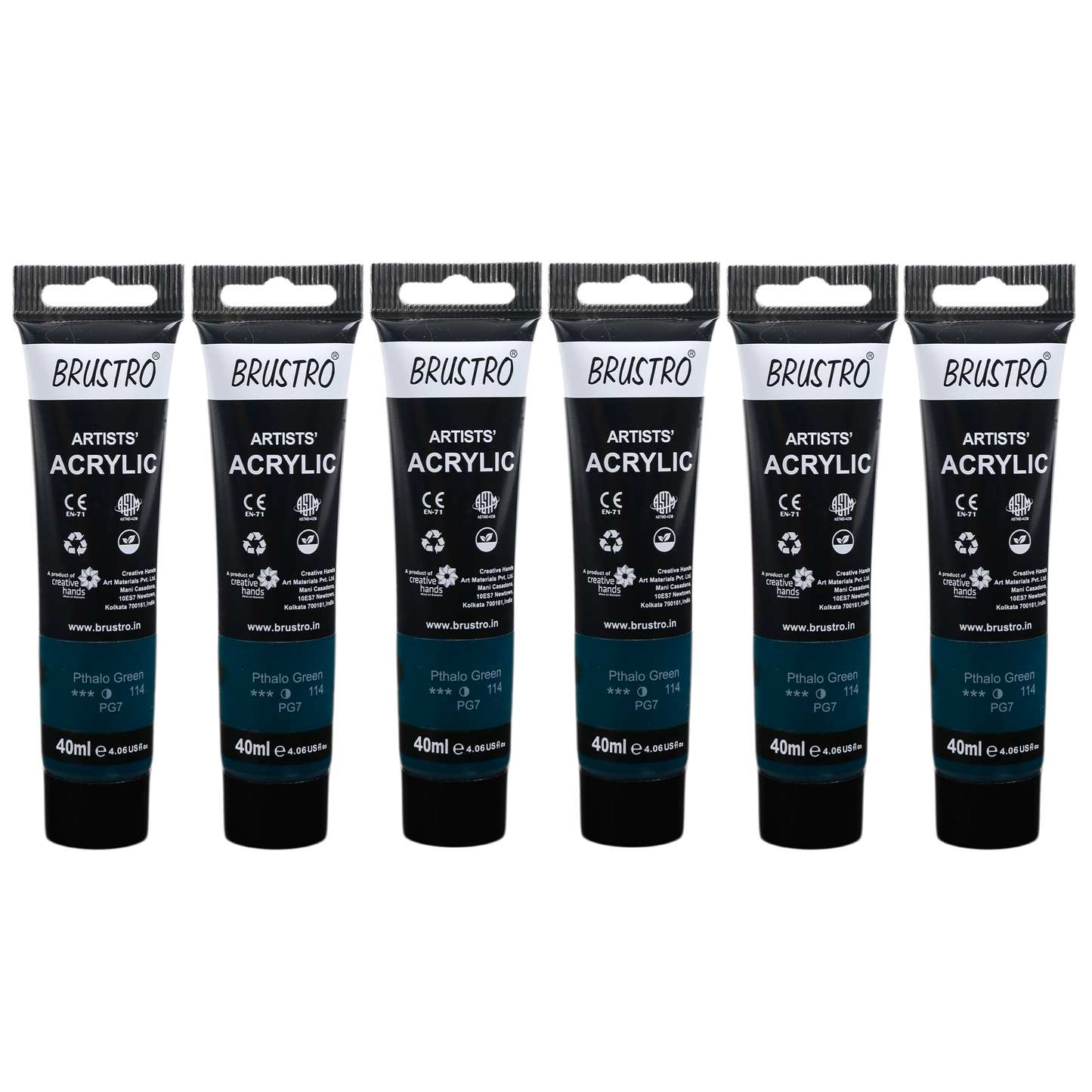 BRUSTRO Artists Acrylic Paint |40ml, Phthalo Green, Pack Of 6 Tubes|Non-Toxic,Water based,Inter Mixable,Ideal for Painting,Textured Effects on Canvas,Paper,Fine Art Student and Professionals